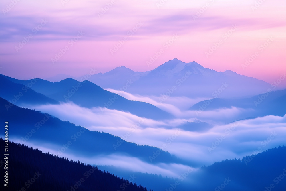 Obraz premium Mountain peak covered in snow illuminated by a warm sunrise, surrounded by layers of misty hills.