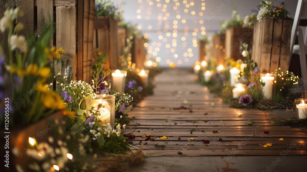 Rustic wedding aisle decor with wooden crates, wildflowers, and fairy lights, adding a cozy and intimate touch to the ceremony setting Rustic wedding aisle decor with wooden crates, wildflowers, and fairy lights, adding a cozy and intimate touch to the ceremony setting