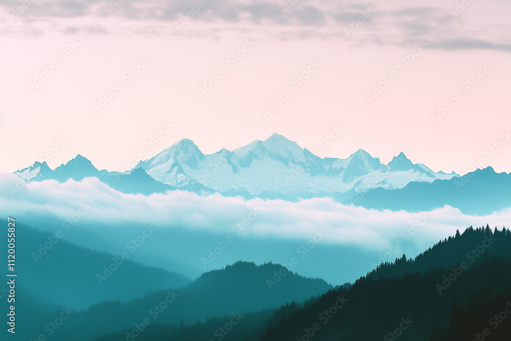 Mountain peak covered in snow illuminated by a warm sunrise, surrounded by layers of misty hills. Mountain peak covered in snow illuminated by a warm sunrise, surrounded by layers of misty hills.