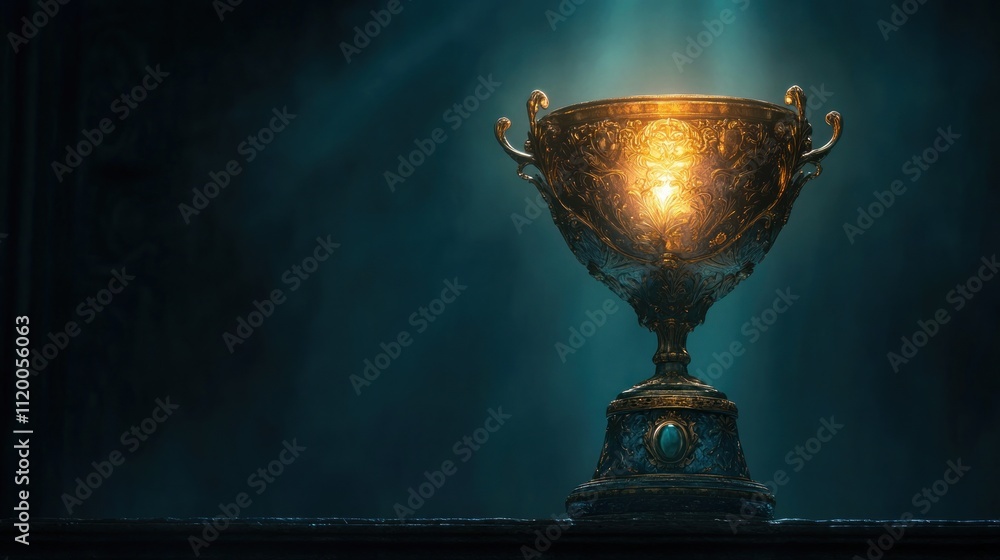 A glowing ornate cup on a pedestal, illuminated by soft light in a mysterious setting. A glowing ornate cup on a pedestal, illuminated by soft light in a mysterious setting.