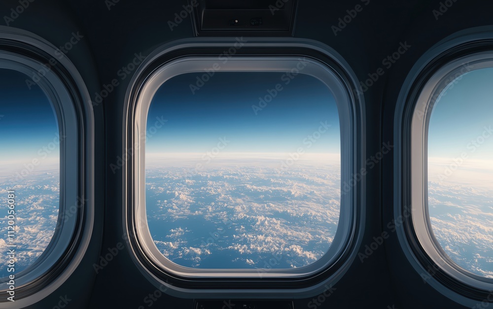 Breathtaking view from an airplane window overlooking vast clouds and blue sky. Breathtaking view from an airplane window overlooking vast clouds and blue sky.