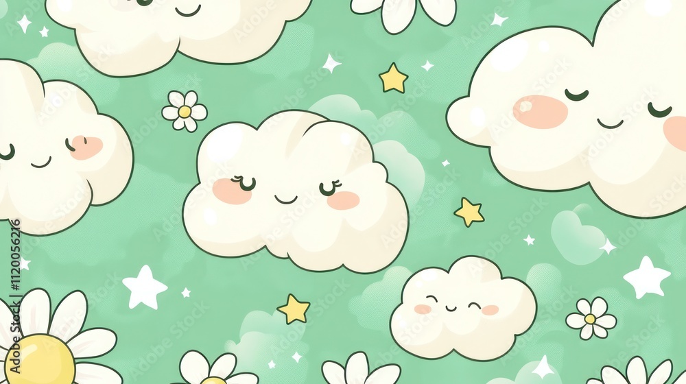 A whimsical pattern featuring smiling clouds, flowers, and stars on a mint green background. A whimsical pattern featuring smiling clouds, flowers, and stars on a mint green background.