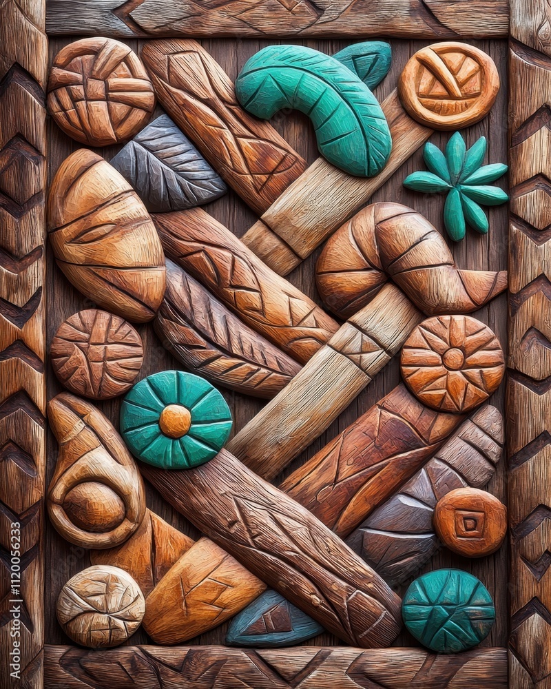 Fototapeta premium High quality handmade woodwork concept. Textured wooden panel with colorful carved leaves and shapes