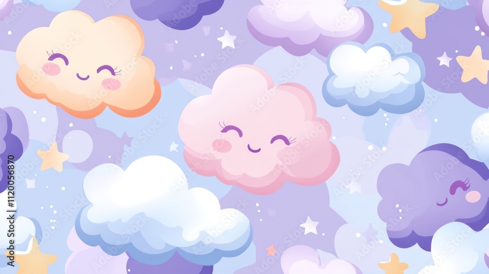 A whimsical pattern of smiling clouds and stars in soft pastel colors. A whimsical pattern of smiling clouds and stars in soft pastel colors.