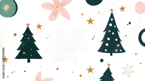 A festive pattern featuring Christmas trees, flowers, stars, and decorative elements.