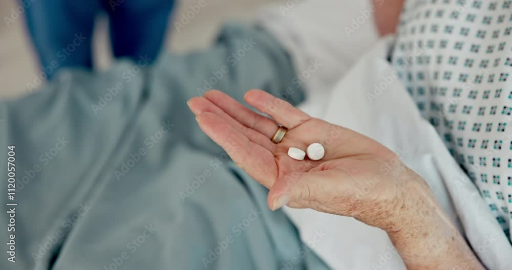 Medicine, hands and patient with caregiver, healthcare and pills for recovery, people and retirement. Hospital, nurse and antibiotics for senior care, medical professional and treatment for cure Medicine, hands and patient with caregiver, healthcare and pills for recovery, people and retirement. Hospital, nurse and antibiotics for senior care, medical professional and treatment for cure