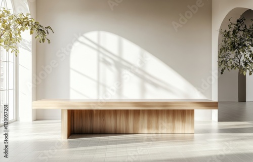 Beautiful Wooden Tabletop Counter in Clean Bright Interior, Ready for Display