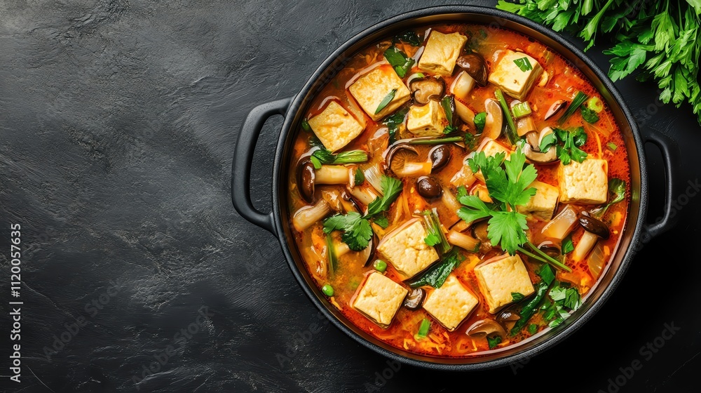 Colorful and delicious vegetable soup with tofu in a black pot, garnished with herbs. Colorful and delicious vegetable soup with tofu in a black pot, garnished with herbs.