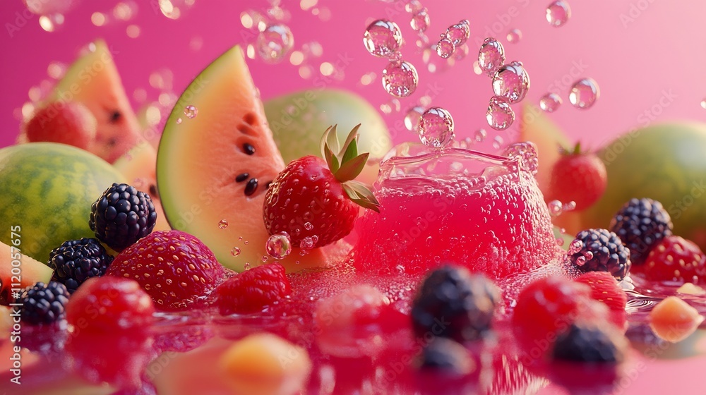 Refreshing Summer Fruit Splash: A Vibrant Mix of Watermelon, Strawberries, and Berries in a Pink Juice Explosion Refreshing Summer Fruit Splash: A Vibrant Mix of Watermelon, Strawberries, and Berries in a Pink Juice Explosion