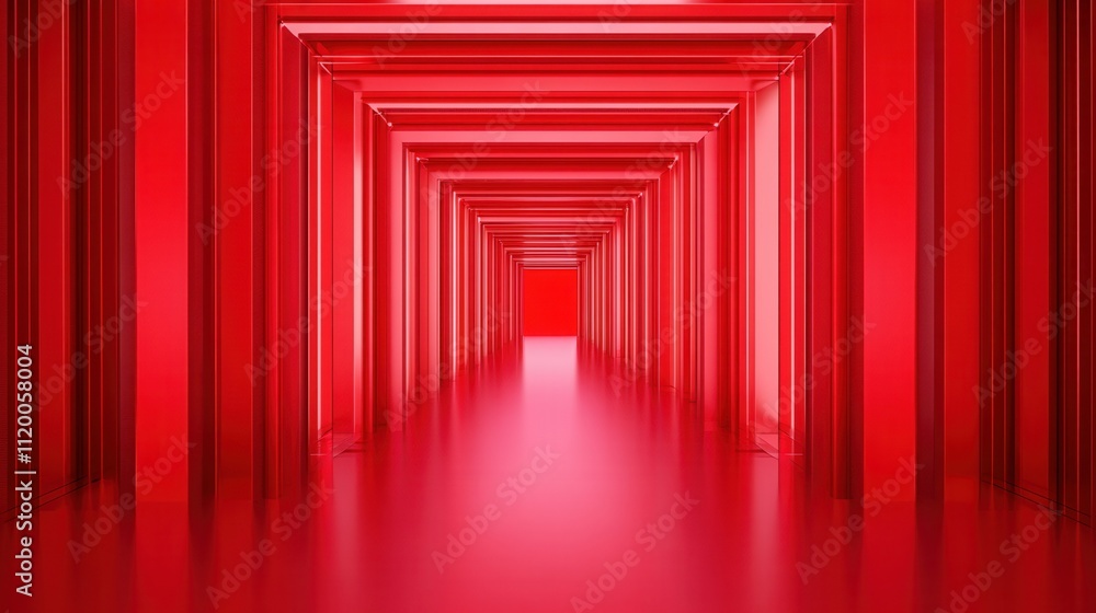 Fototapeta premium A surreal, infinite corridor illuminated in bright red, creating a striking visual effect with an abstract, modern aesthetic.