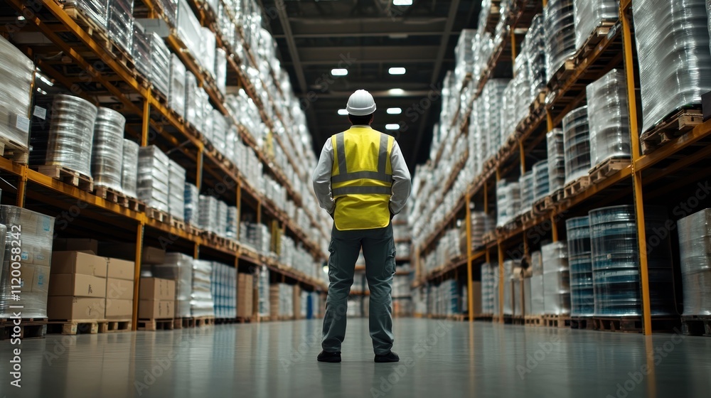 A warehouse worker stands in a large warehouse aisle, surveying inventory. A warehouse worker stands in a large warehouse aisle, surveying inventory.