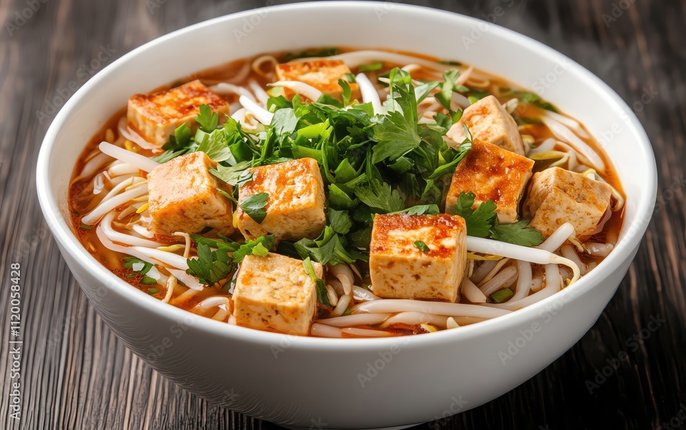 Delicious bowl of tofu noodle soup topped with fresh herbs and spices. Delicious bowl of tofu noodle soup topped with fresh herbs and spices.