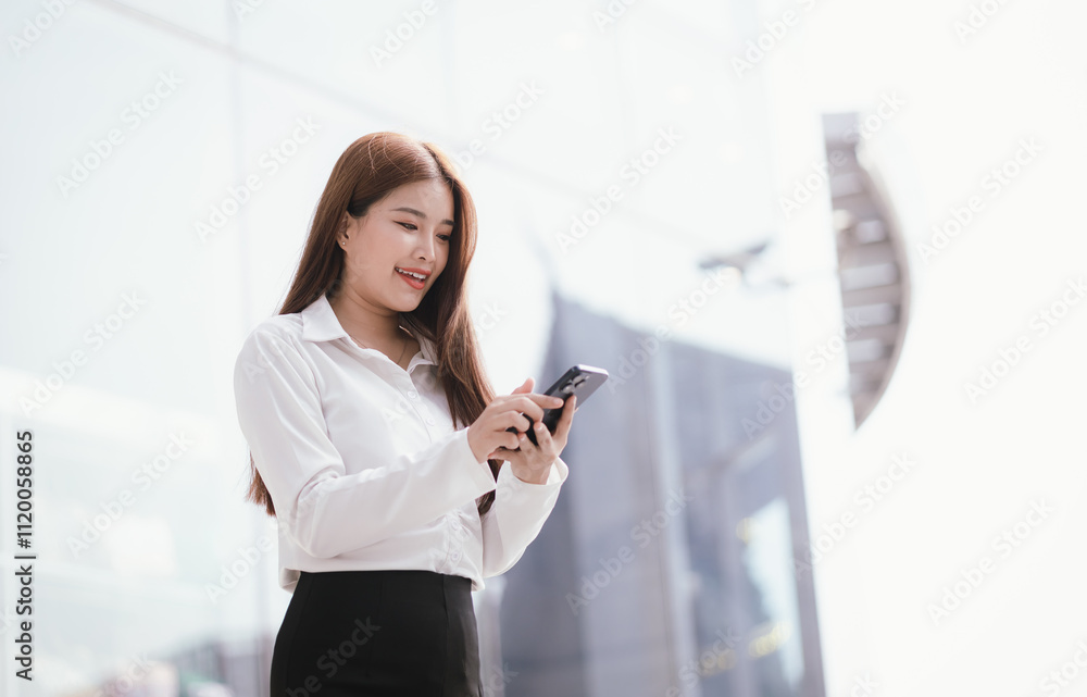 Confident Asian businesswoman stands on a city street, leveraging technology and communication to achieve her passions in finance, investing and entrepreneurship. Confident Asian businesswoman stands on a city street, leveraging technology and communication to achieve her passions in finance, investing and entrepreneurship.