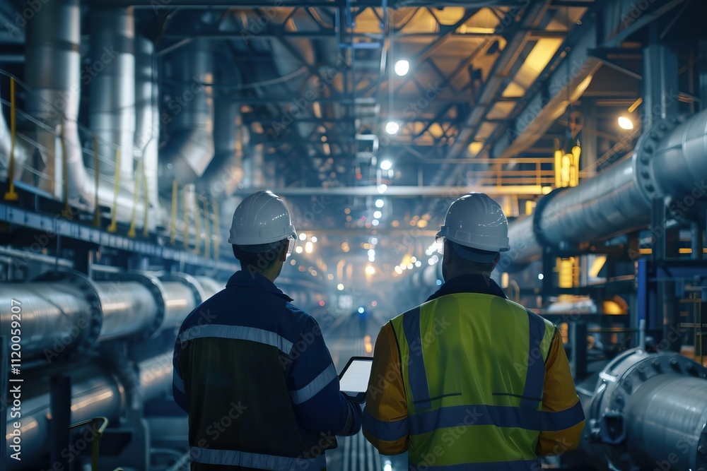 Engineers discuss pipeline construction in manufacturing factory. Engineers discuss pipeline construction in manufacturing factory.