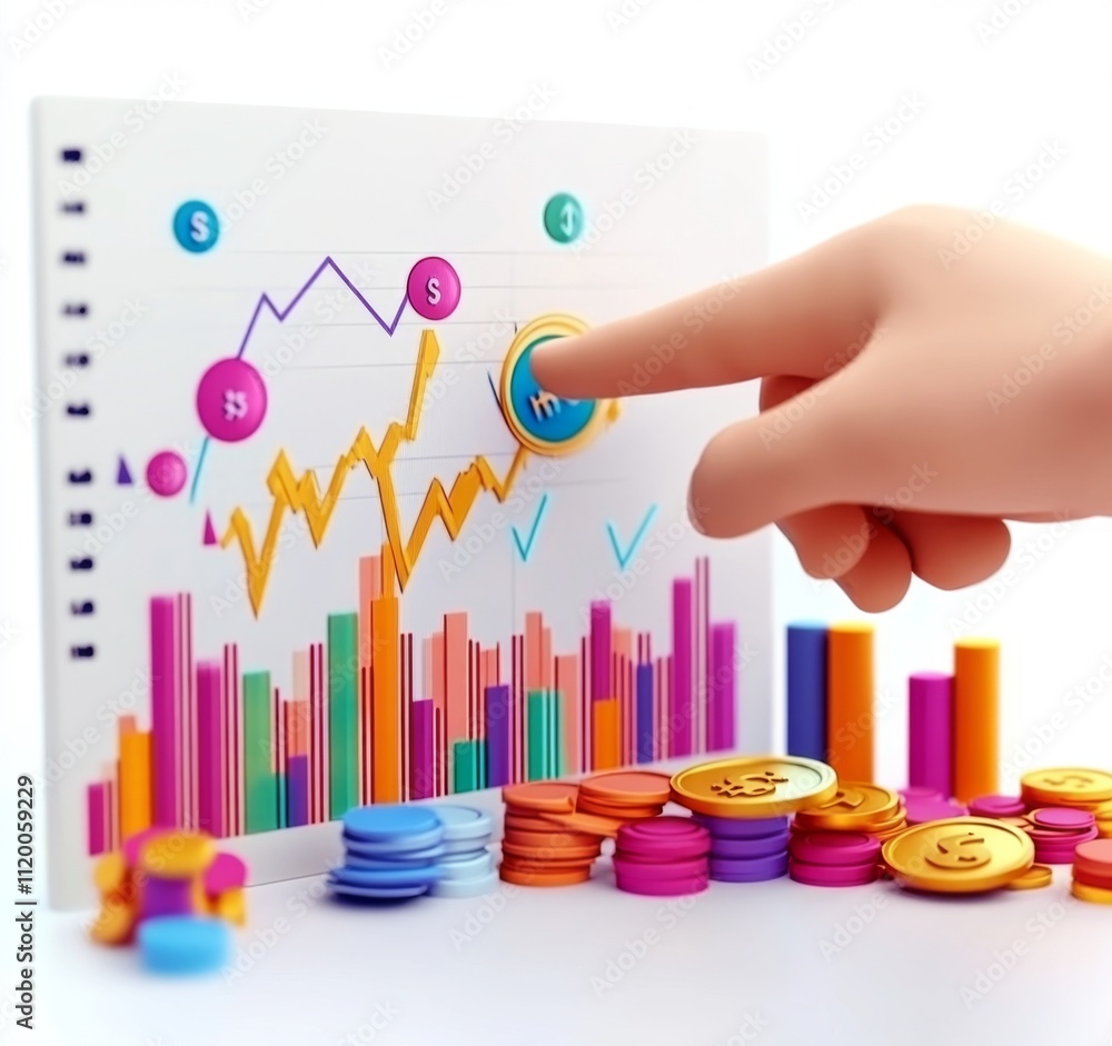 Cartoon Hand Pointing at Stock Market Chart with Floating Coins and Graphs on White Background, 3D Render Cartoon Hand Pointing at Stock Market Chart with Floating Coins and Graphs on White Background, 3D Render
