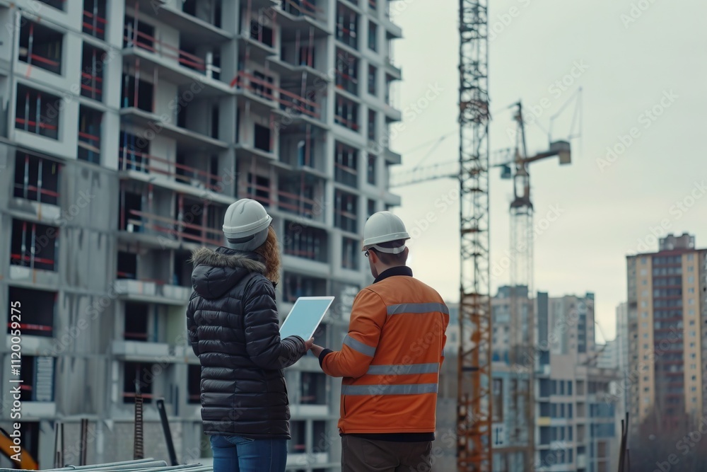 Specialists inspect building construction site with engineer investor. Specialists inspect building construction site with engineer investor.