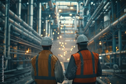 Engineers discuss pipeline construction in manufacturing factory.