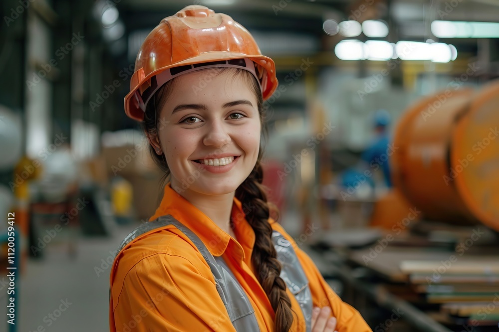 Happy woman in hardhat poses confidently in workshop. Happy woman in hardhat poses confidently in workshop.