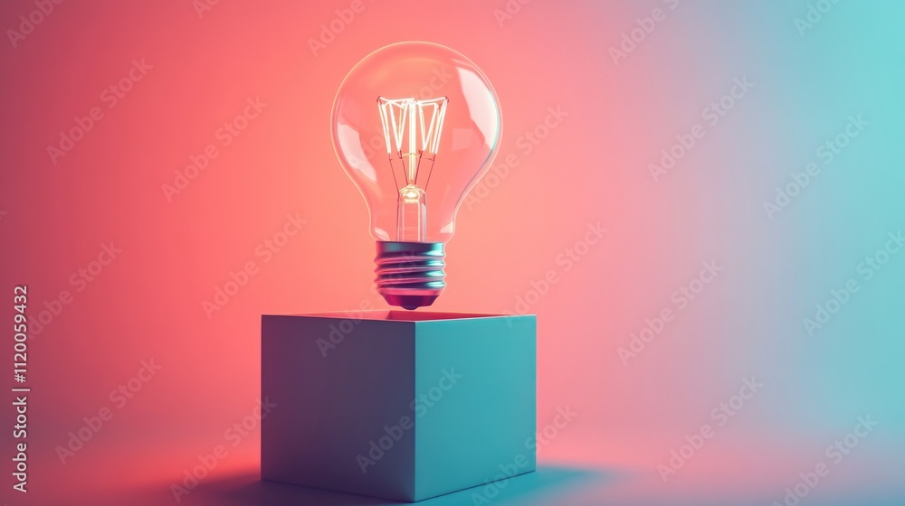 Illuminated lightbulb on a cube against a vibrant background. Illuminated lightbulb on a cube against a vibrant background.