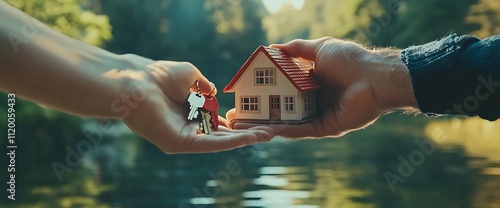 Handing over house keys and a miniature house model in nature.