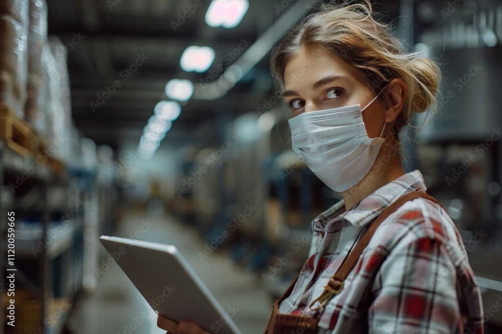 Young woman inspects food factory with mask and tablet. Young woman inspects food factory with mask and tablet.