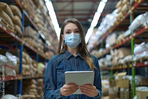 Young woman inspects food factory with mask and tablet. photo