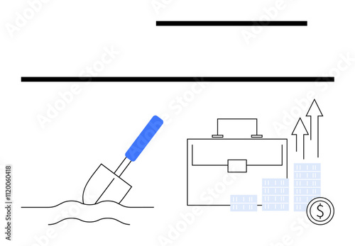 Shovel digging the earth, briefcase, growing stack of coins, and ascending graph arrows emphasize investment growth. Ideal for finance, investment, business growth, wealth management, economic