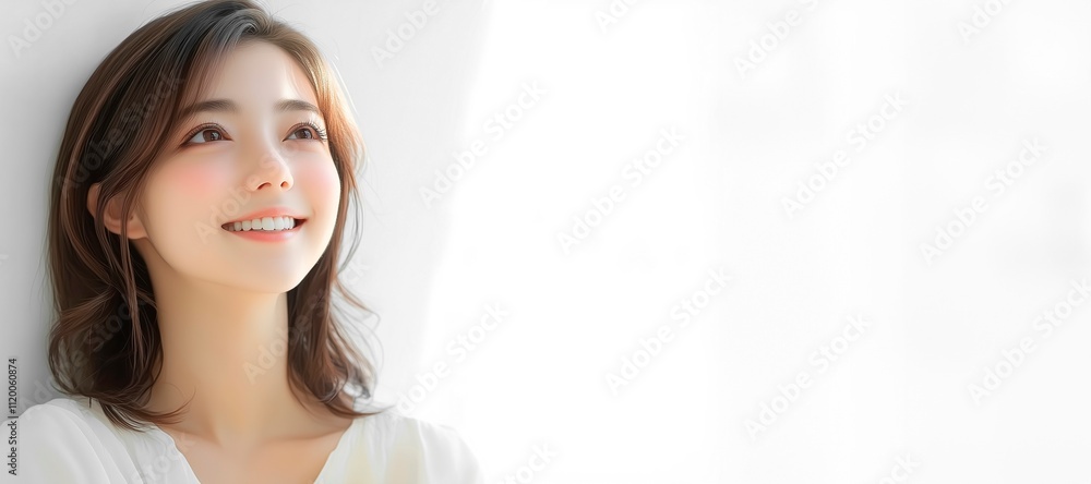 上を見上げる笑顔が可愛い女性のポートレート。白背景。