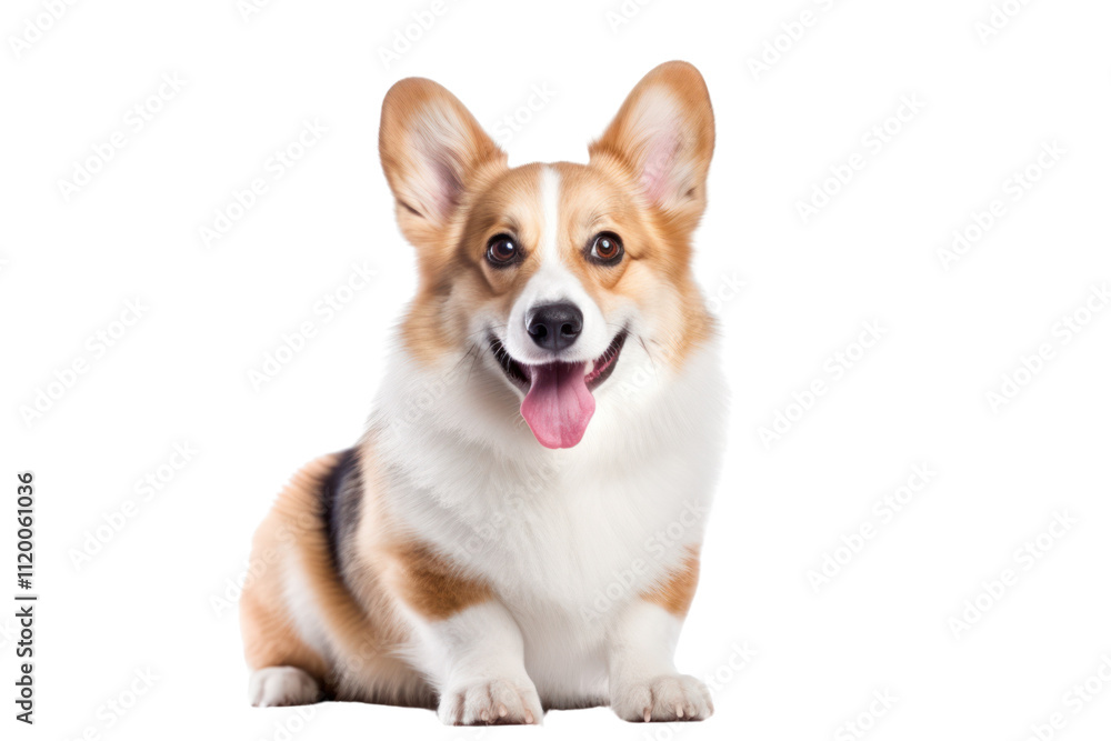 A playful Welsh Corgi breed dog with a fluffy coat, bright eyes, and perky ears, sitting happily with its tongue out, showcasing its friendly demeanor A playful Welsh Corgi breed dog with a fluffy coat, bright eyes, and perky ears, sitting happily with its tongue out, showcasing its friendly demeanor