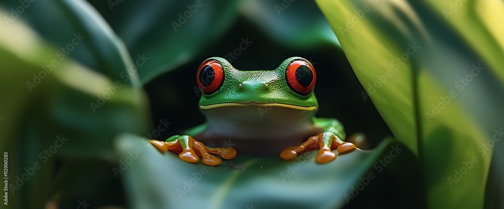 A green tree frog with bright red eyes looks out from behind leaves. A green tree frog with bright red eyes looks out from behind leaves.