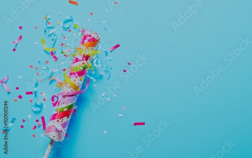 Top View of Party Popper with Colorful Ribbons and Confetti on Light Blue Background. Web Banner with Copy Space for Text. photo