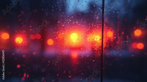 Colorful Bokeh Effect on Rainy Window with Blurred Lights in Urban Environment