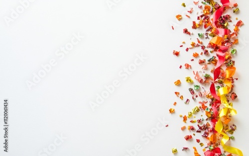 Top View of Party Popper with Colorful Ribbons and Confetti on White Background. Web Banner with Copy Space for Text or Logo. photo