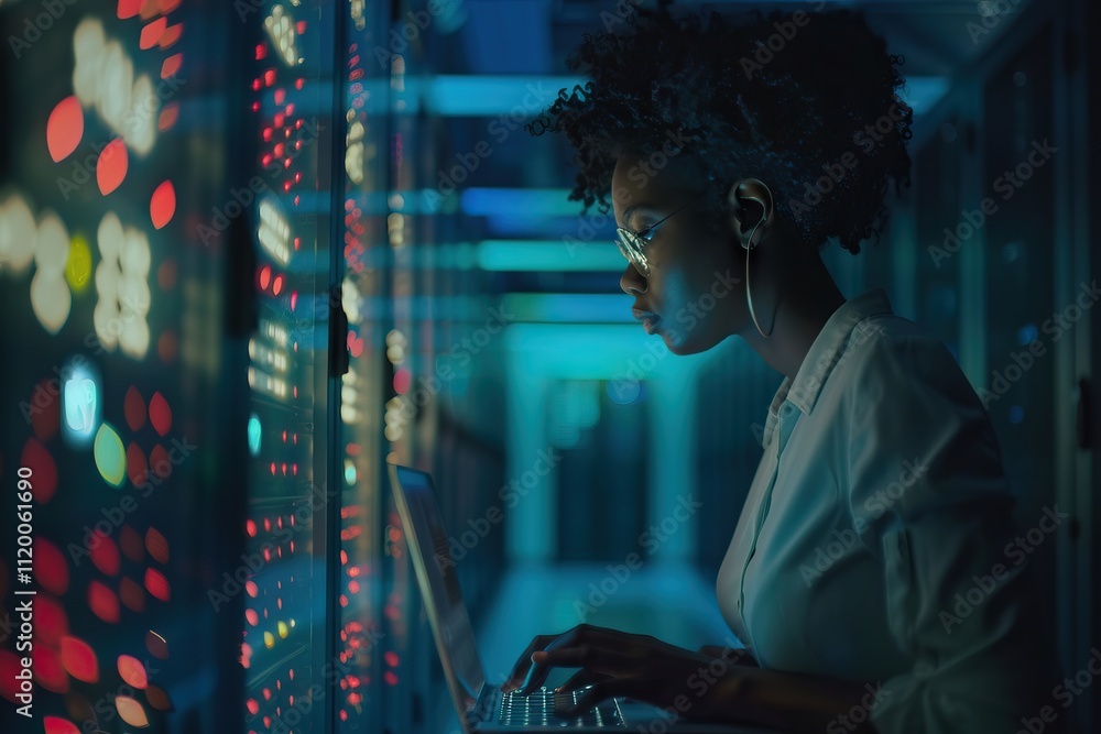 Black female IT engineer in server room solving tech issues. Black female IT engineer in server room solving tech issues.