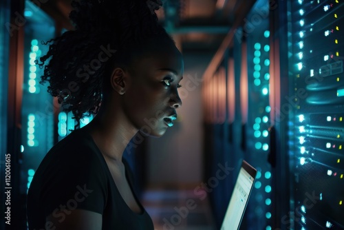 Black female IT engineer in server room solving tech issues.