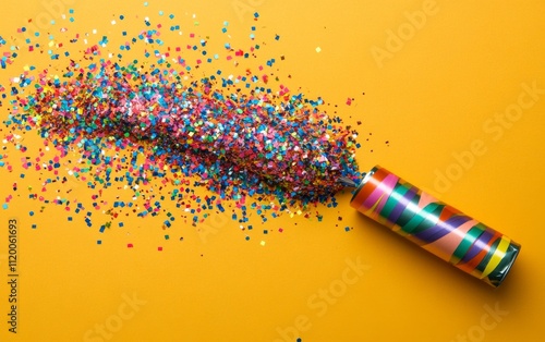 Top View of Party Popper with Colorful Ribbons and Confetti on Yellow Background. Web Banner with Copy Space for Invitations and Announcements. photo