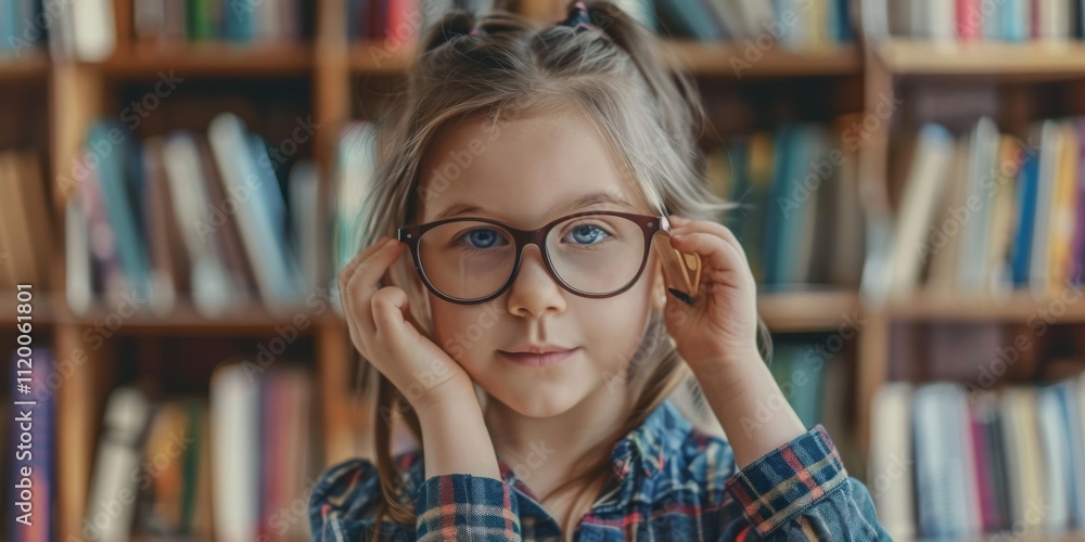 Adorable Girl in Glasses Posing in a Library Setting, Bookshelves Background, Cute Child Portrait Adorable Girl in Glasses Posing in a Library Setting, Bookshelves Background, Cute Child Portrait