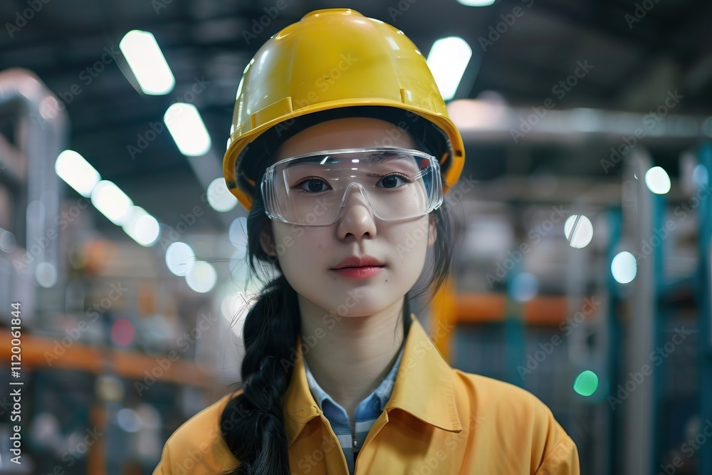 Asian female engineer in uniform monitors factory operations. Asian female engineer in uniform monitors factory operations.