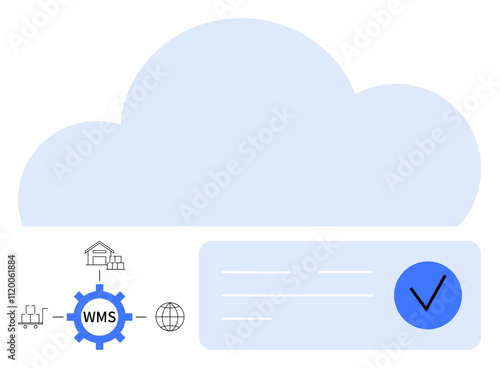 Cloud system integrates WMS, shipping, and globe icons with workflow validation checkmark. Ideal for logistics, supply chain management, warehouse operations, software solutions, inventory control