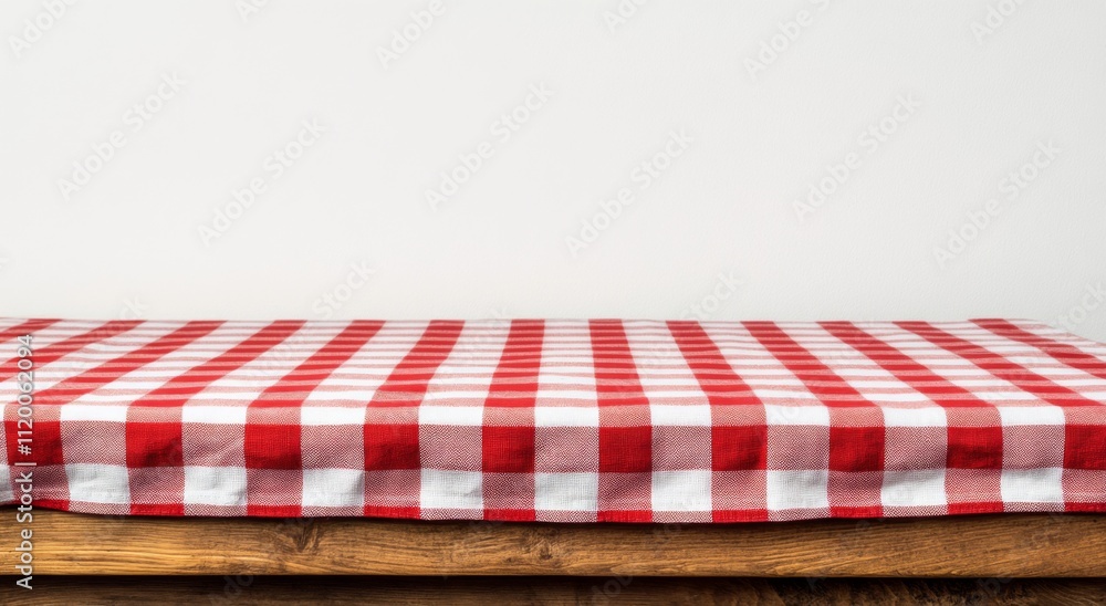 Red and White Checkered Tablecloth on Wooden Counter. Copy Space for Food Product Display with Soft Lighting, Isolated on White Background. Red and White Checkered Tablecloth on Wooden Counter. Copy Space for Food Product Display with Soft Lighting, Isolated on White Background.