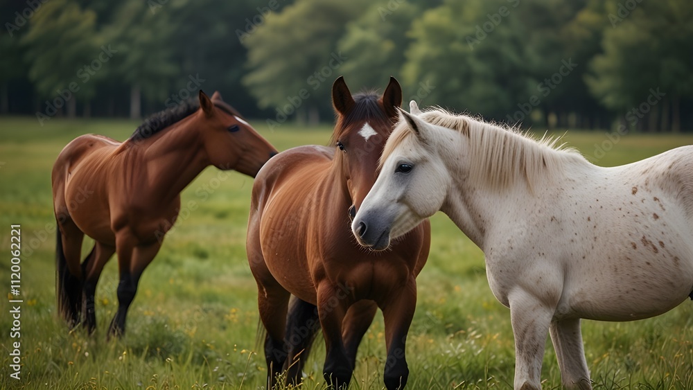 Group of three young horses on the pastu Group of three young horses on the pastu