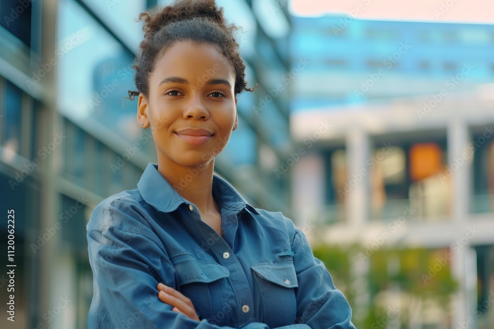 Confident mixed race female construction engineer in front of office building. Confident mixed race female construction engineer in front of office building.