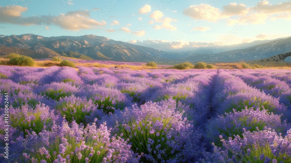 Fototapeta premium Expansive Lavender Field in Full Bloom Under Midday Light