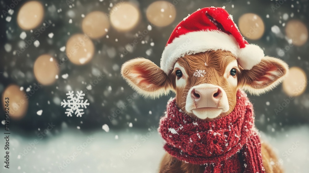 Playful cow with a knitted scarf and Santa hat, winter-themed decor and snowflakes capturing holiday cheer Playful cow with a knitted scarf and Santa hat, winter-themed decor and snowflakes capturing holiday cheer