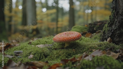 Red mushroom growing in mossy autumn forest