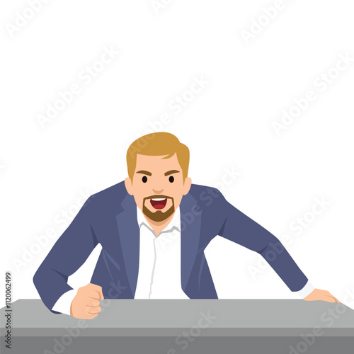Angry man suffering from overwork and paperwork sitting at office desk. Flat vector illustration isolated on white background