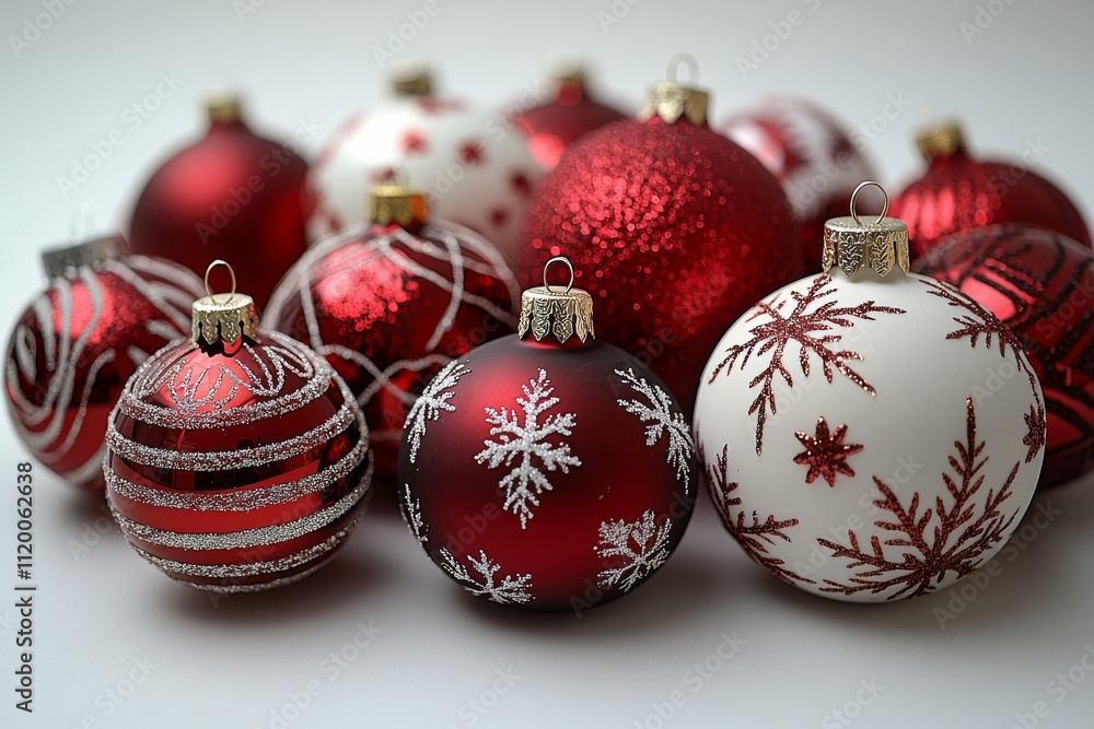 A collection of red and white holiday decorations with polka dots, stripes, and festive designs, set against a white background. A collection of red and white holiday decorations with polka dots, stripes, and festive designs, set against a white background.