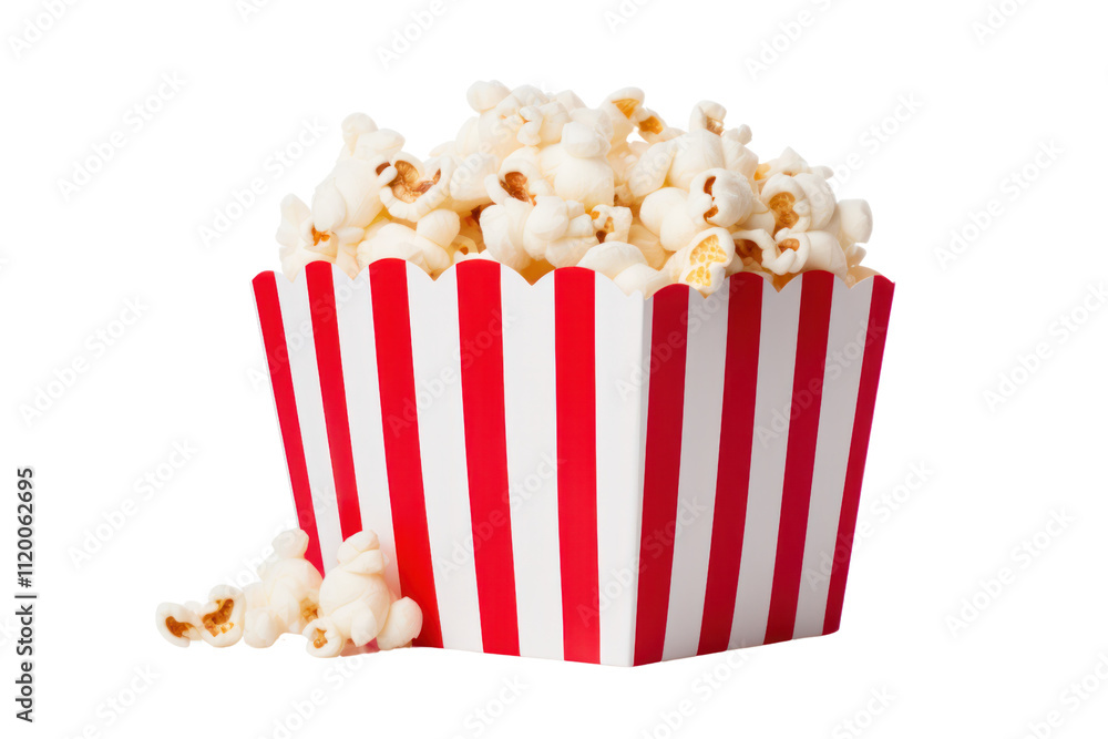 A large, colorful striped box filled with fluffy popcorn, showcasing its light, airy texture. The box features bold red and white stripes, reminiscent of a vintage movie theater. A large, colorful striped box filled with fluffy popcorn, showcasing its light, airy texture. The box features bold red and white stripes, reminiscent of a vintage movie theater.