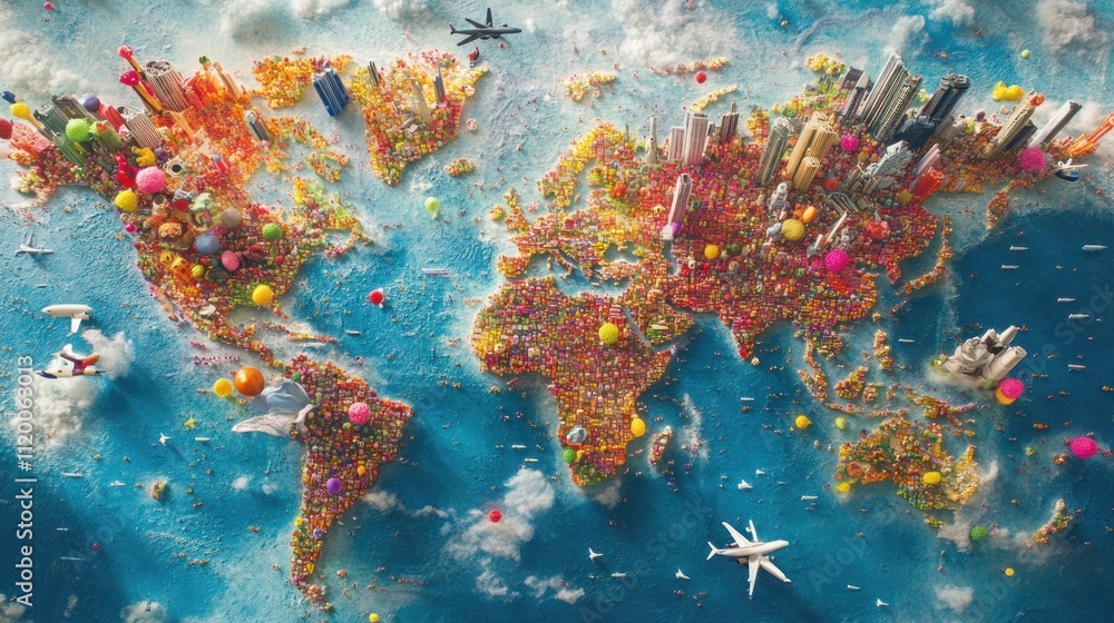 Fototapeta premium Colorful world map with candy, balloons, and airplanes.