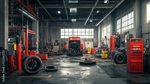 A large, industrial garage with a red truck in the middle, surrounded by tools and equipment.